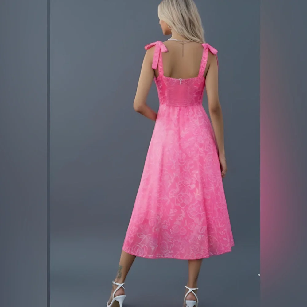 Last One 🔥 Pink Chiffon Floral Print Tie Shoulder Ruched Bust Cami Dress - Picture 5 of 8